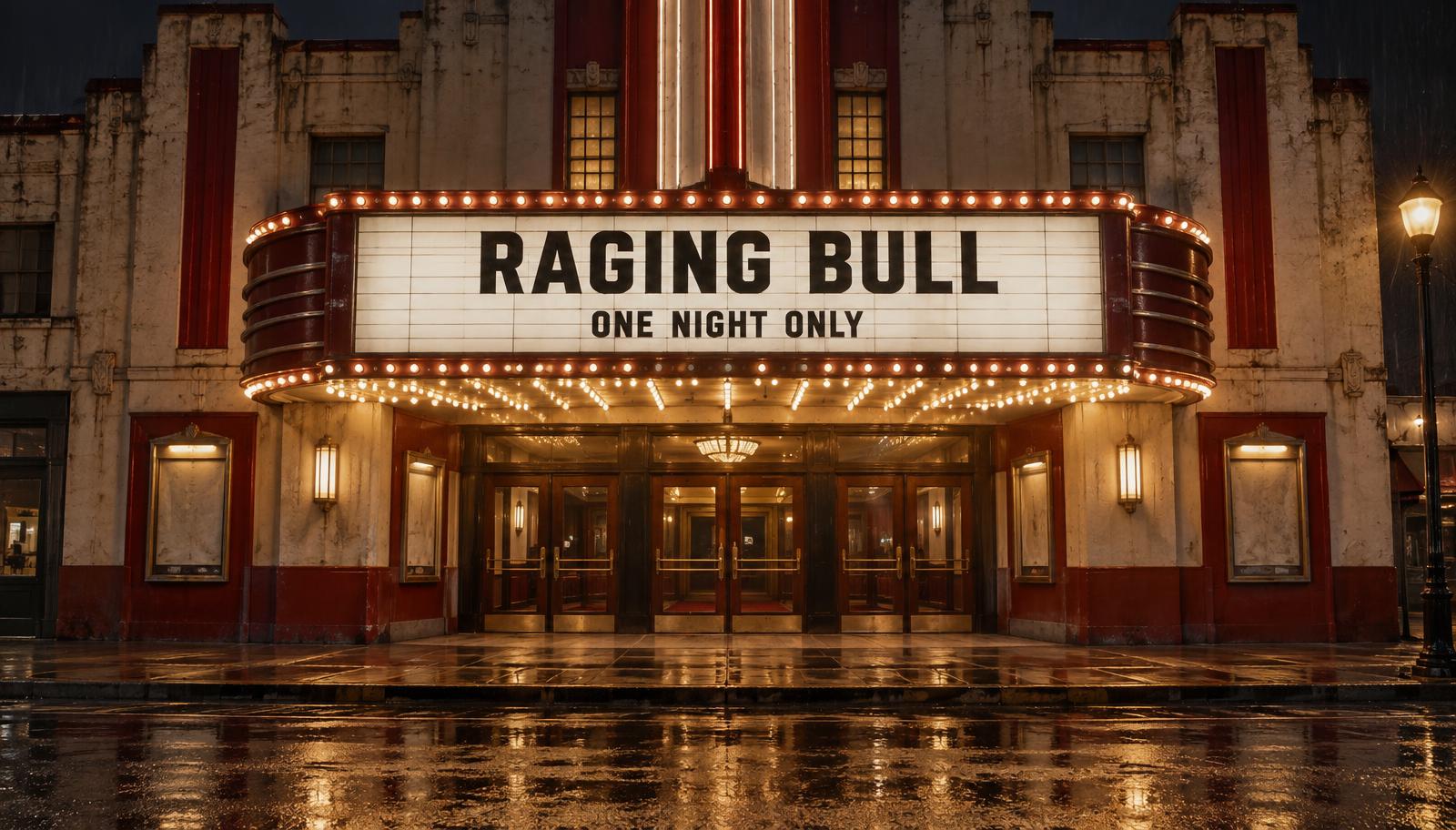 An old cinema with Raging Bull displayed across its illuminated marquee